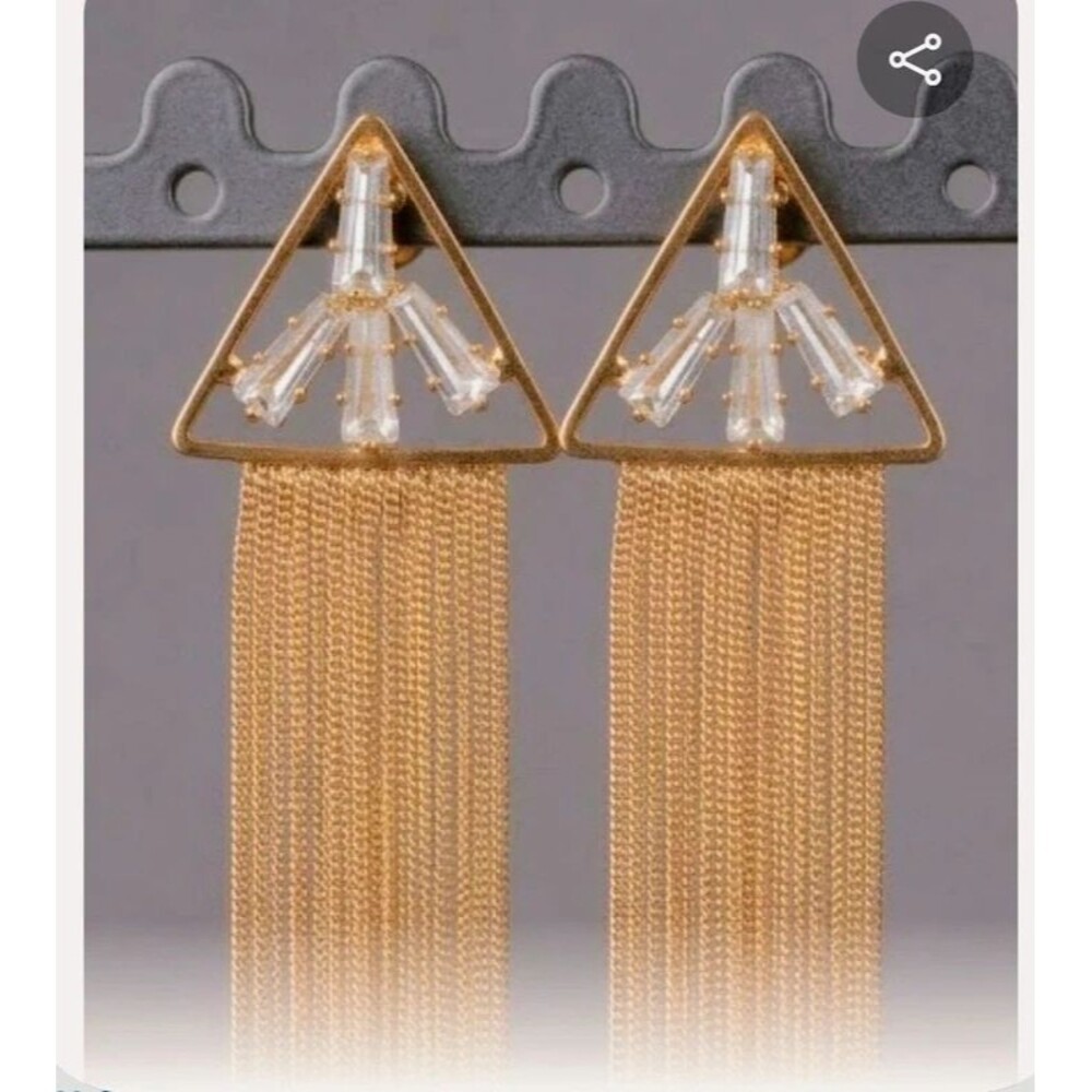 Gold Geometric Rhinestone Fringe Shoulder Duster Earrings
